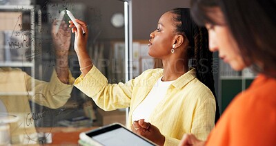 Buy stock photo Small business, fashion and women writing with teamwork for strategy, clothing design ideas and planning. Startup, meeting and people with glass wall, tablet and ecommerce for supplier or logistics