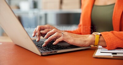 Buy stock photo Hands, laptop and typing for logistics at startup, dropshipping and sales report at warehouse. Person, computer and inventory management for supply chain, stock or review with boxes at company