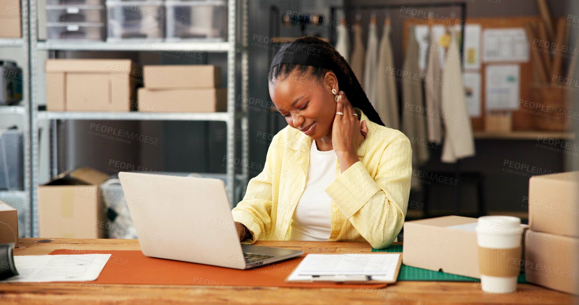Buy stock photo Woman, neck pain and logistics with laptop at startup, stress and massage for inflammation at warehouse. African person, logistics and pc with injury, frustrated or burnout with inventory management