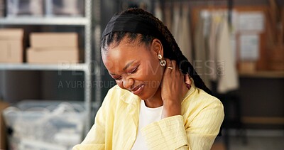 Buy stock photo Woman, neck pain and logistics with stress at startup, burnout and massage for inflammation at warehouse. African person, shipping and frustrated with injury, muscle fatigue and inventory management