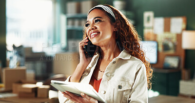 Buy stock photo Phone call, distribution and woman with tablet for logistics deal, order feedback and startup. Talk, person and ecommerce entrepreneur with tech for delivery update, small business or smile in office