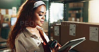 Buy stock photo Ecommerce, scanner or woman in office with tablet, production or inventory management for online store. Supply chain, digital or owner in storage with tech, delivery or export checklist for webshop.