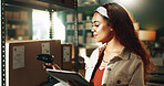 Scanner, supply chain and woman on tablet with box for shipping, online orders and distribution. Small business, startup and person on tech for logistics, package label and barcode info for delivery