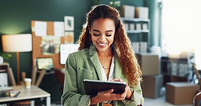 Buy stock photo Small business, shipping and woman in office on tablet for supply chain, online orders and distribution. Happy, startup and person on digital tech for logistics, delivery update and inventory website