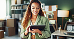 Small business, supply chain and woman in office on tablet for shipping, online orders and distribution. Happy, startup and person on digital tech for logistics, delivery update and inventory website