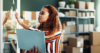 Buy stock photo Small business, shipping and woman on tablet with glass board for supply chain, online orders and planning. Office, startup and person on digital tech for logistics, delivery and inventory with ideas