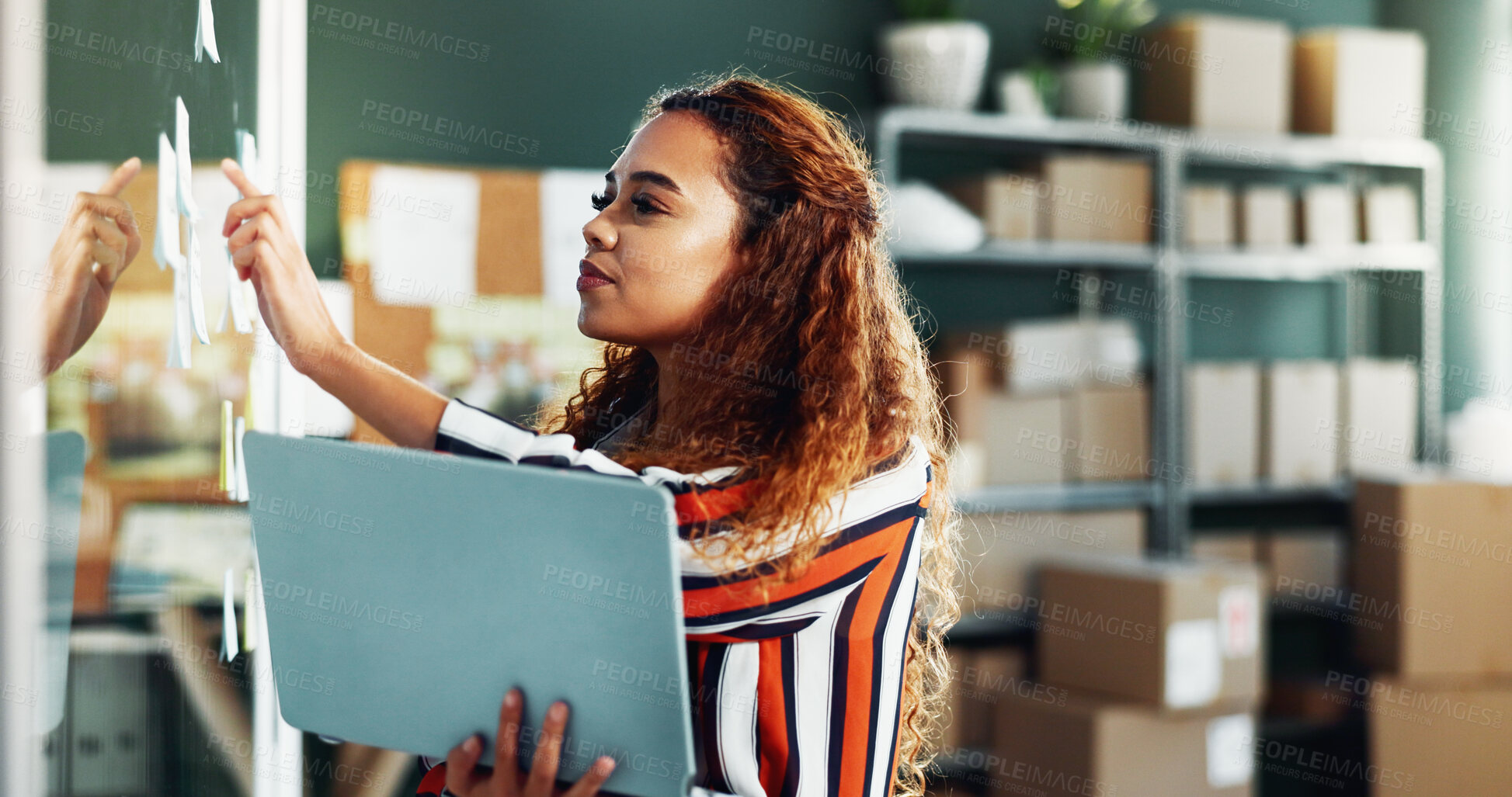 Buy stock photo Small business, shipping and woman on tablet with glass board for supply chain, online orders and planning. Office, startup and person on digital tech for logistics, delivery and inventory with ideas