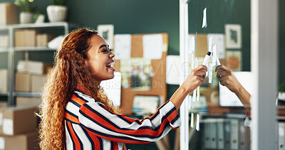 Buy stock photo Sticky note, entrepreneur or happy woman with glass wall for ecommerce, sales strategy or shipping planning. Problem solving, supply chain or business owner at board, logistics ideas or startup goals