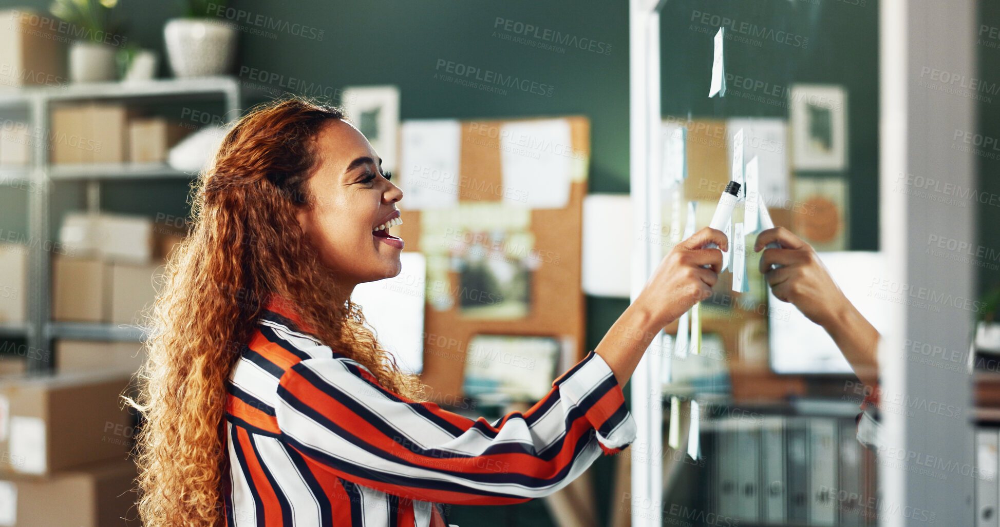 Buy stock photo Sticky note, entrepreneur or happy woman with glass wall for ecommerce, sales strategy or shipping planning. Problem solving, supply chain or business owner at board, logistics ideas or startup goals
