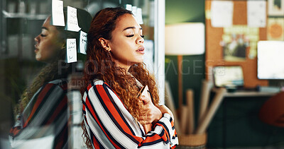 Buy stock photo Marketing, glass wall or woman in office with stress, overwhelmed or burnout in project planning. Worry, mindset or employee at board with sticky note, mental fatigue and anxiety for campaign report.