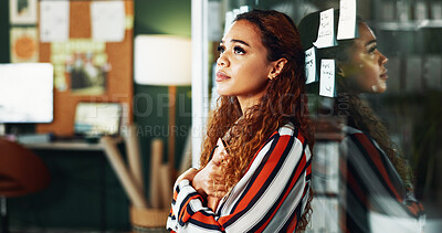 Buy stock photo Marketing, glass wall or woman in agency with thinking, project visualize or planning in daydream. Reflection, mindset or employee in office with board, inspiration or brainstorming for campaign.