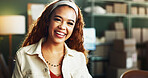 Portrait, shipping and woman laugh in office for small business, distribution startup and pride. Smile, confident person and logistics entrepreneur, procurement professional or funny worker in Brazil