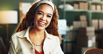 Buy stock photo Portrait, shipping and woman laugh in office for small business, distribution startup and pride. Smile, confident person and logistics entrepreneur, procurement professional or funny worker in Brazil