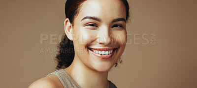 Buy stock photo Skincare, happy and portrait of woman in studio for wellness, confidence and natural beauty. Space, dermatology and person with smile for cosmetics, healthy skin and aesthetic on brown background