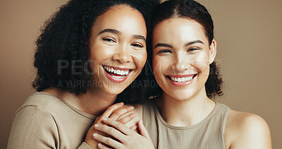 Buy stock photo Portrait, skincare and women with smile, hug and confident with glow, beauty and cosmetics benefits. Friends, embrace and dermatology for healthy skin, studio background and happy people in Brazil