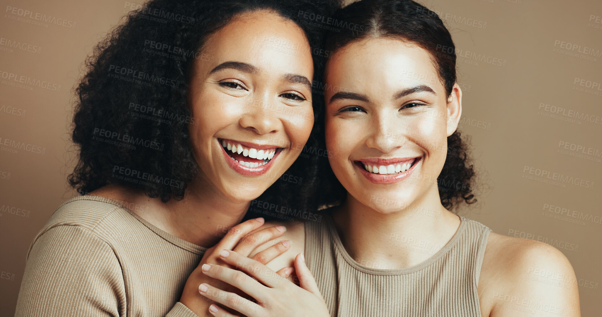 Buy stock photo Portrait, skincare and women with smile, hug and confident with glow, beauty and cosmetics benefits. Friends, embrace and dermatology for healthy skin, studio background and happy people in Brazil