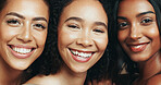 Portrait, beauty and women with makeup, happy and confident with glow, group and cosmetics benefits. Face, friends and people with lipstick, smile and healthy skin with dermatology for self care
