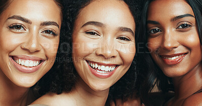 Buy stock photo Portrait, beauty and women with makeup, happy and confident with glow, group and cosmetics benefits. Face, friends and people with lipstick, smile and healthy skin with dermatology for self care