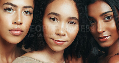 Buy stock photo Portrait, beauty and women with makeup, confident and group with foundation, self care and cosmetics. Face, friends and people with lipstick, wellness and healthy skin with dermatology benefits