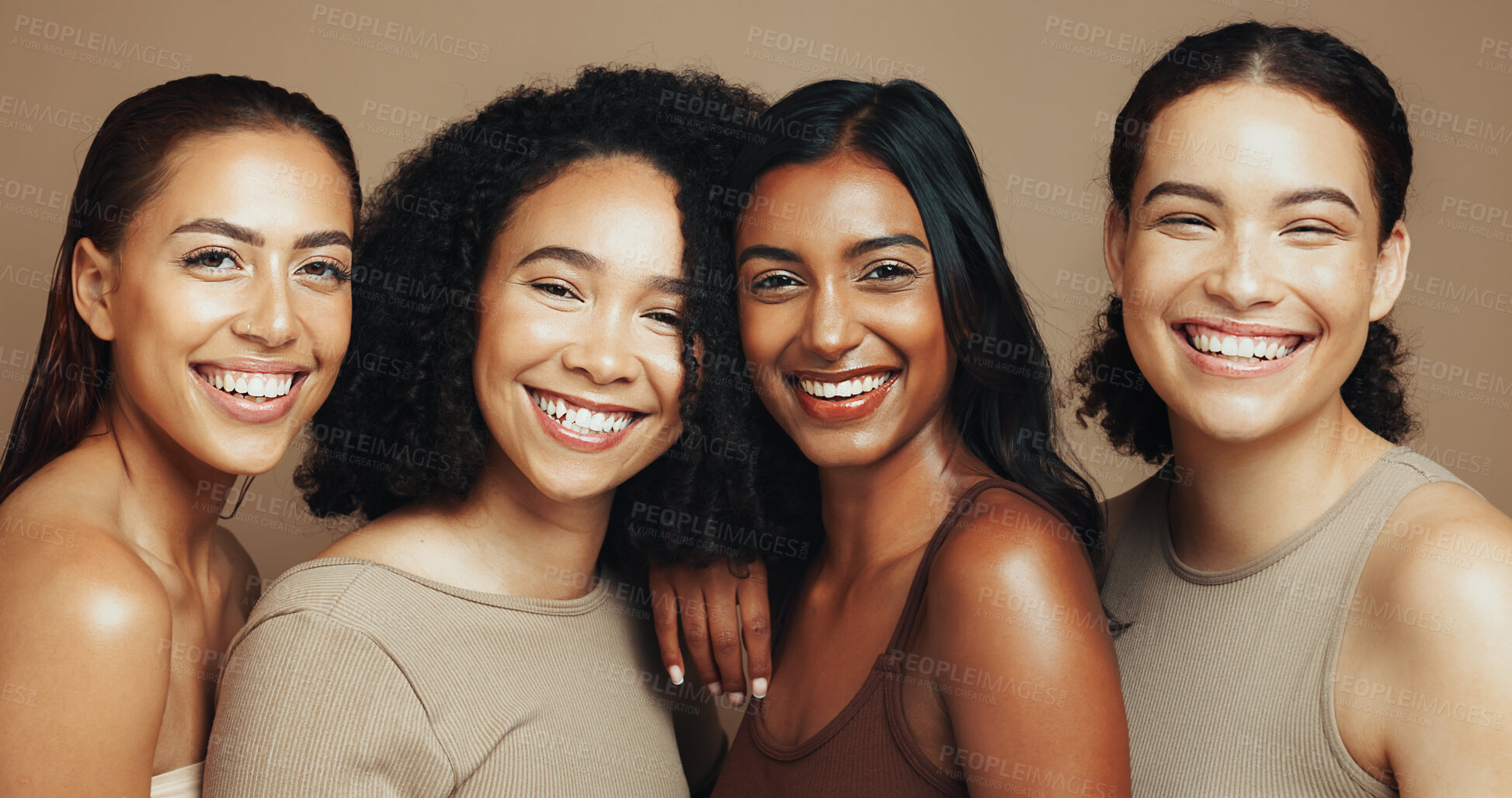 Buy stock photo Women, portrait and smile in studio for beauty, solidarity and bonding together with hug and unity. Friends, support and inclusion on brown background for love, community and natural dermatology