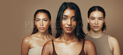 Buy stock photo Portrait, group and women with makeup, studio and self care with foundation, beauty and mockup space. Friends, diversity and people with lipstick, background and healthy skin with cosmetics benefits