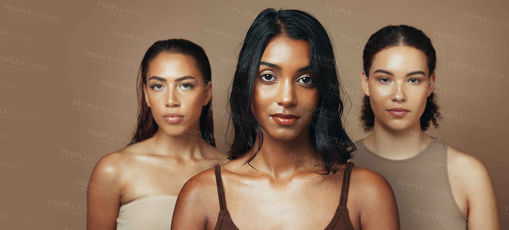 Buy stock photo Portrait, group and women with makeup, studio and self care with foundation, beauty and mockup space. Friends, diversity and people with lipstick, background and healthy skin with cosmetics benefits