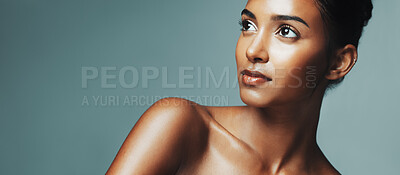 Buy stock photo Mockup space, skincare and woman in studio with beauty, glow and cosmetics for wellness. Health, thinking and female person with ideas for facial dermatology for natural hygiene by gray background.