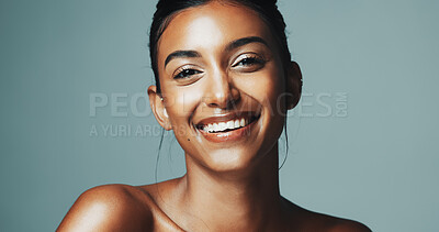 Buy stock photo Portrait, woman and proud for skincare in studio background with beauty, healthy skin and natural shine. Mockup space, female person and cosmetics for facial glow, collagen treatment and dermatology