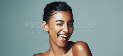 Buy stock photo Portrait, happy woman and wink on studio background for skincare, collagen and retinol benefits. Space, person and smile with dermatology for beauty cosmetic, wellness satisfaction and healthy skin.