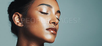 Buy stock photo Beauty, woman and skincare glow on studio background with natural makeup, radiance or healthy skin. Dermatology, girl and collagen treatment results on mockup space for self care, wellness and shine