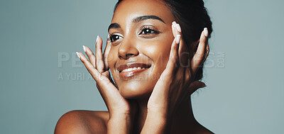 Buy stock photo Thinking, woman and beauty for skincare in studio with smile, healthy skin and natural shine. Vision, female person and cosmetics of facial glow, collagen treatment and dermatology on background