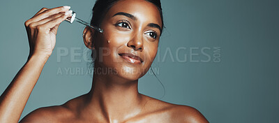 Buy stock photo Beauty, skincare or woman with serum dropper to apply, banner or facial product for wellness glow. Dermatology, natural shine or person with smile for self care treatment, space or studio background