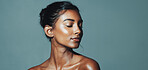 Beauty, mockup and relax with Indian woman in studio for cosmetics or dermatology satisfaction. Aesthetic, skincare and wellness with model isolated on gray background space for cosmetology benefits