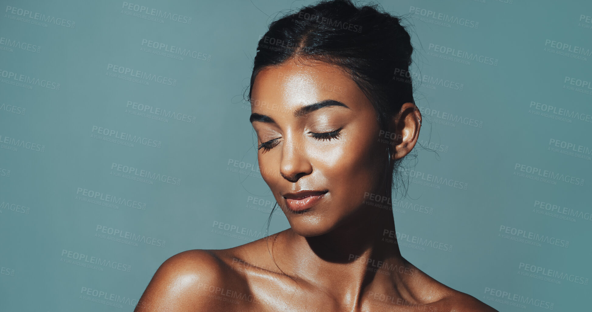Buy stock photo Relax, skincare and space with Indian woman on mockup for cosmetics or dermatology satisfaction. Aesthetic, beauty and wellness with model isolated on studio background for cosmetology benefits