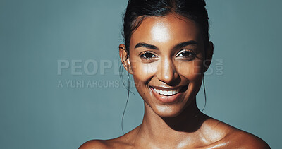 Buy stock photo Happy, woman and portrait for skincare in studio with healthy skin, beauty and natural shine. Mockup space, person and cosmetics for facial glow, collagen treatment and dermatology on background