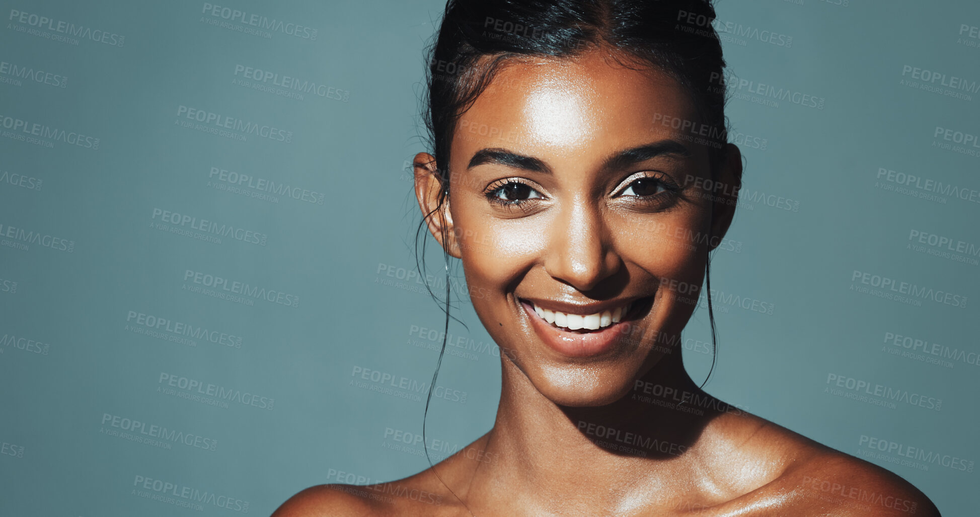 Buy stock photo Happy, woman and portrait for skincare in studio with healthy skin, beauty and natural shine. Mockup space, person and cosmetics for facial glow, collagen treatment and dermatology on background