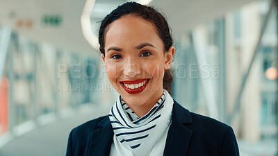 Buy stock photo Portrait, happy woman or flight attendant at airport for travel, international transport or about us. Cabin crew, professional or hostess smile for terminal admin, global airline service or confident