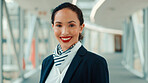 Portrait, happy woman or air hostess at airport for travel, international transport or about us. Cabin crew, professional or flight attendant smile for terminal admin, global airline service or pride