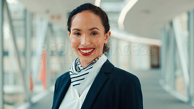 Buy stock photo Portrait, happy woman or air hostess at airport for travel, international transport or about us. Cabin crew, professional or flight attendant smile for terminal admin, global airline service or pride