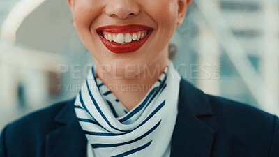 Buy stock photo Flight attendant, mouth and smile in airport for travel, journey and transport professional for service. Closeup, happy woman and air hostess for international airline, hospitality and career pride