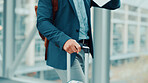 Man, hands or travel with suitcase in airport for business journey, work trip or commute. Closeup, businessman or traveler with luggage for international boarding, corporate visit or job opportunity