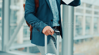 Buy stock photo Man, hands or travel with suitcase in airport for business journey, work trip or commute. Closeup, businessman or traveler with luggage for international boarding, corporate visit or job opportunity