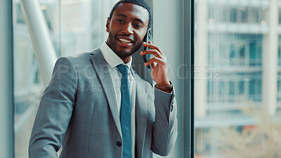 Buy stock photo Airport, phone call and businessman with smile, travel and communication for flight schedule or chat. Happy, employee and black person with mobile for trip update, discussion and meeting confirmation