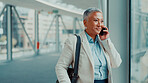 Airport, phone call and businesswoman with smile, travel and discussion for flight schedule or chat. Happy, employee and mature person with mobile for trip update, talking and meeting confirmation