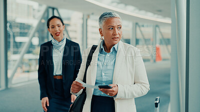 Buy stock photo Thinking, woman and stress with boarding pass at airport for business travel, flight delay or crisis. Airline staff, mature person or worry with air ticket for trip layover, departure fail or anxiety
