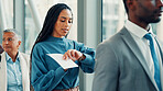 Time, delay and a business woman in airport with waiting, schedule and in line for flight with boarding pass. Watch, documents and late with employee in queue for departure, terminal and travel