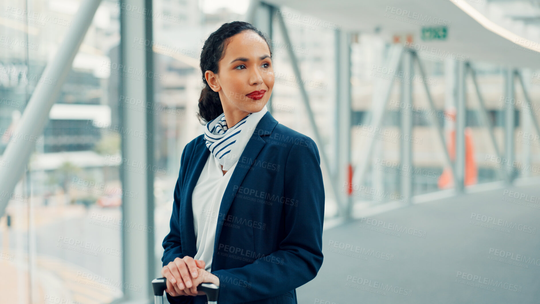 Buy stock photo Thinking, happy woman and flight attendant with luggage at airport, international travel or transport. Cabin crew, professional and hostess ready for airplane service, global reflection or about us