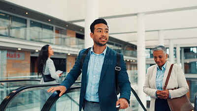 Buy stock photo Businessman, escalator and airport for travel with luggage, thinking and walk for global departure. Person, business trip and baggage on auto stairs, immigration or international flight at terminal
