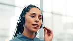 Woman, consultant and call center with headset for online communication or travel agency in office. Female person, agent or talking with mic for virtual assistance, schedule or customer service
