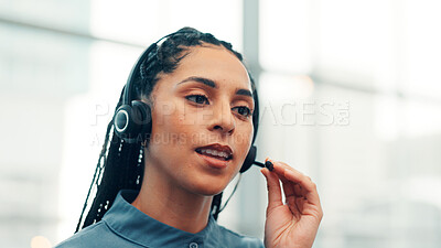 Buy stock photo Woman, consultant and call center with headset for online communication or travel agency in office. Female person, agent or talking with mic for virtual assistance, schedule or customer service